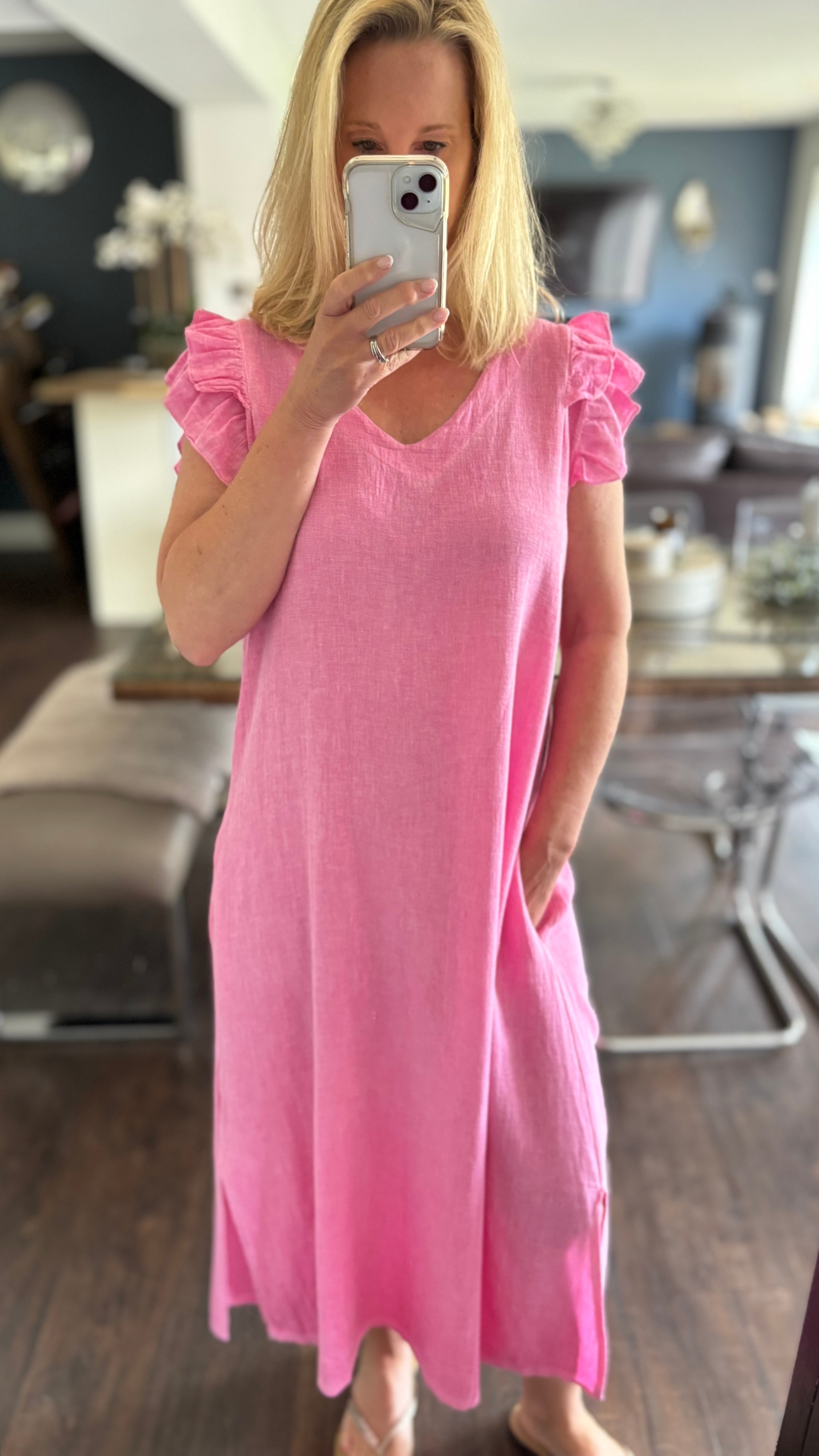 LINEN FRILL DRESS - FUSCHIA