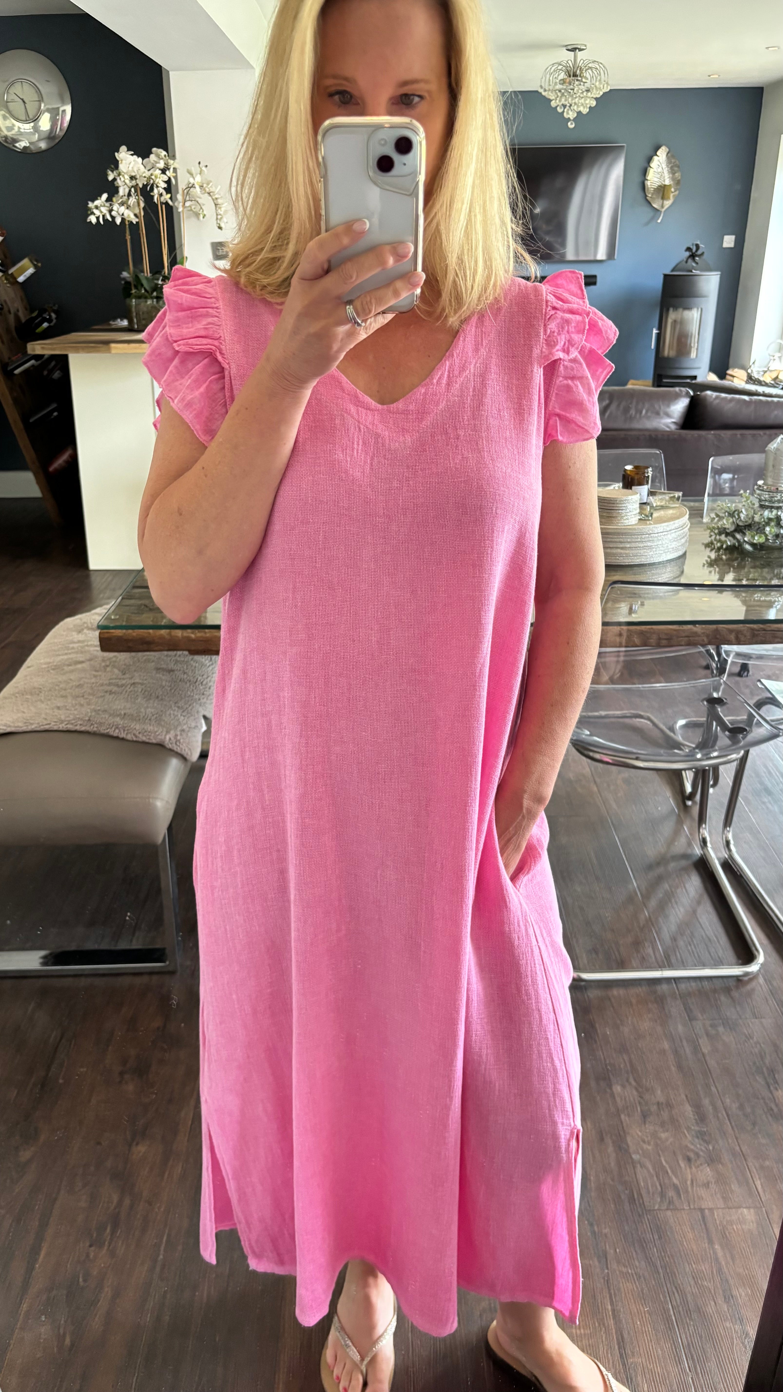 LINEN FRILL DRESS - FUSCHIA