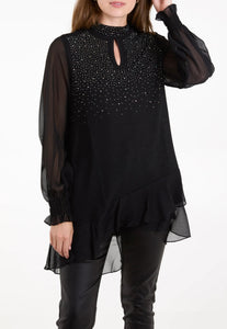 RHINESTONE HIGH NECK TOP - BLACK