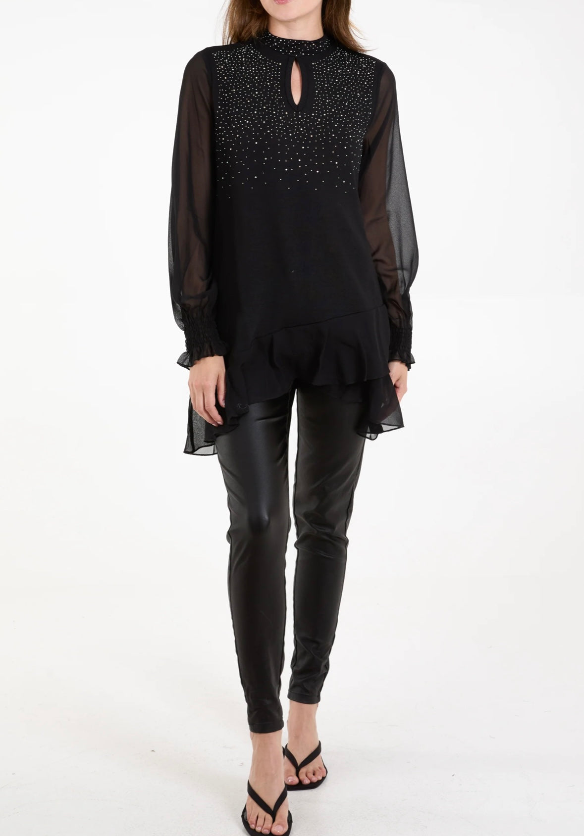 RHINESTONE HIGH NECK TOP - BLACK