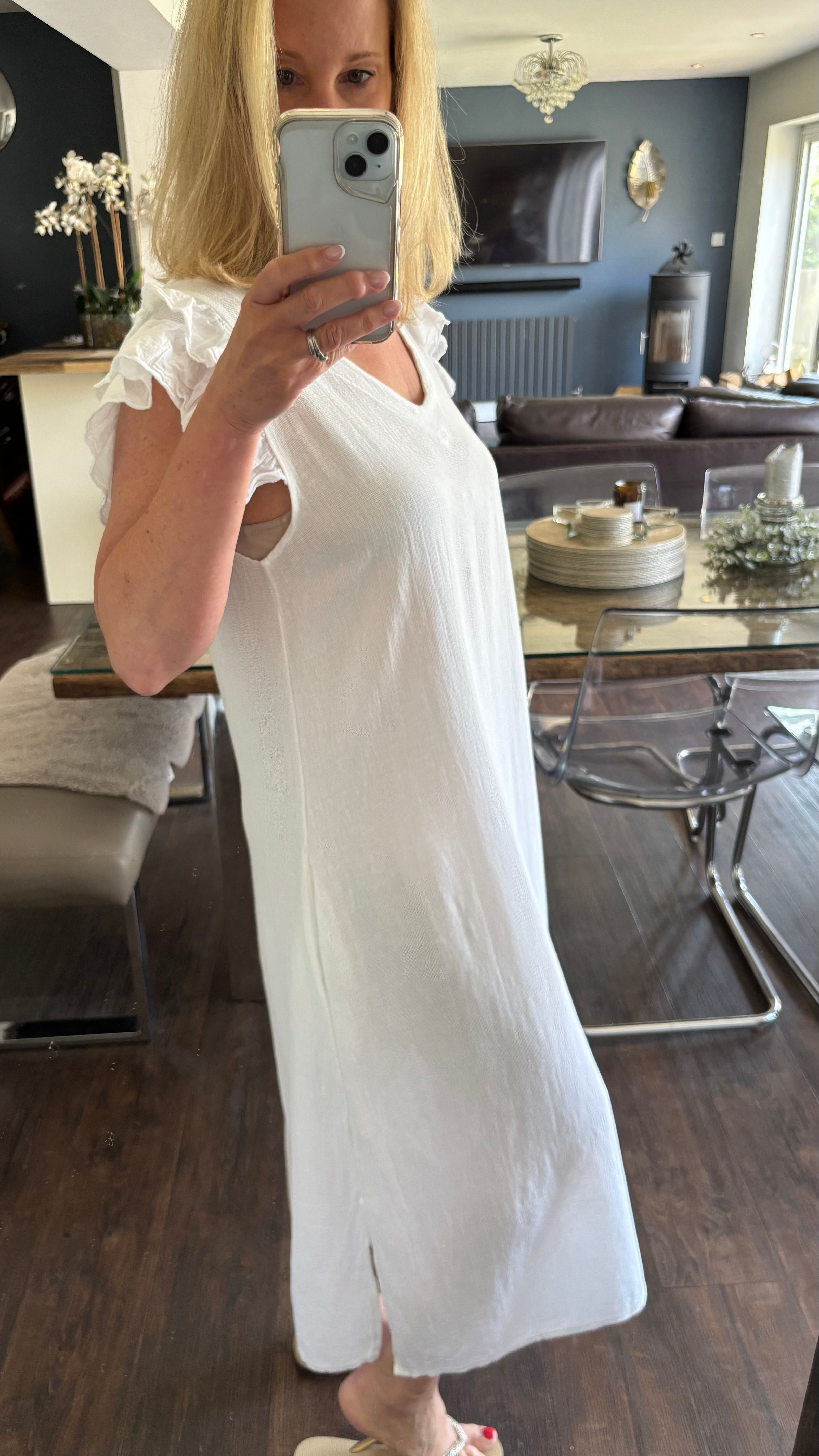 LINEN FRILL DRESS - WHITE