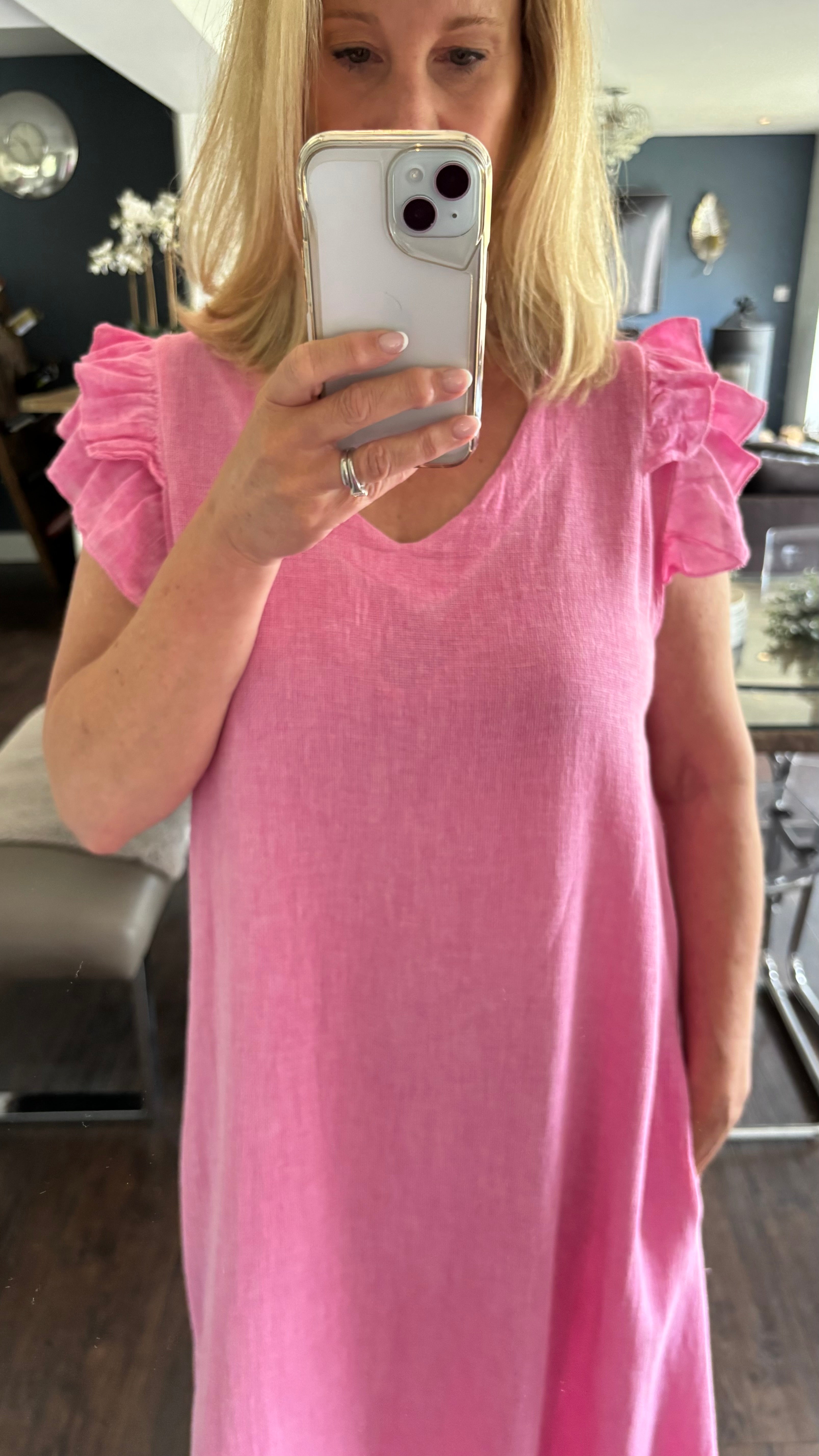 LINEN FRILL DRESS - FUSCHIA