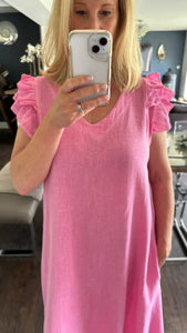 LINEN FRILL DRESS - FUSCHIA
