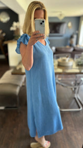 LINEN FRILL DRESS - COBALT BLUE