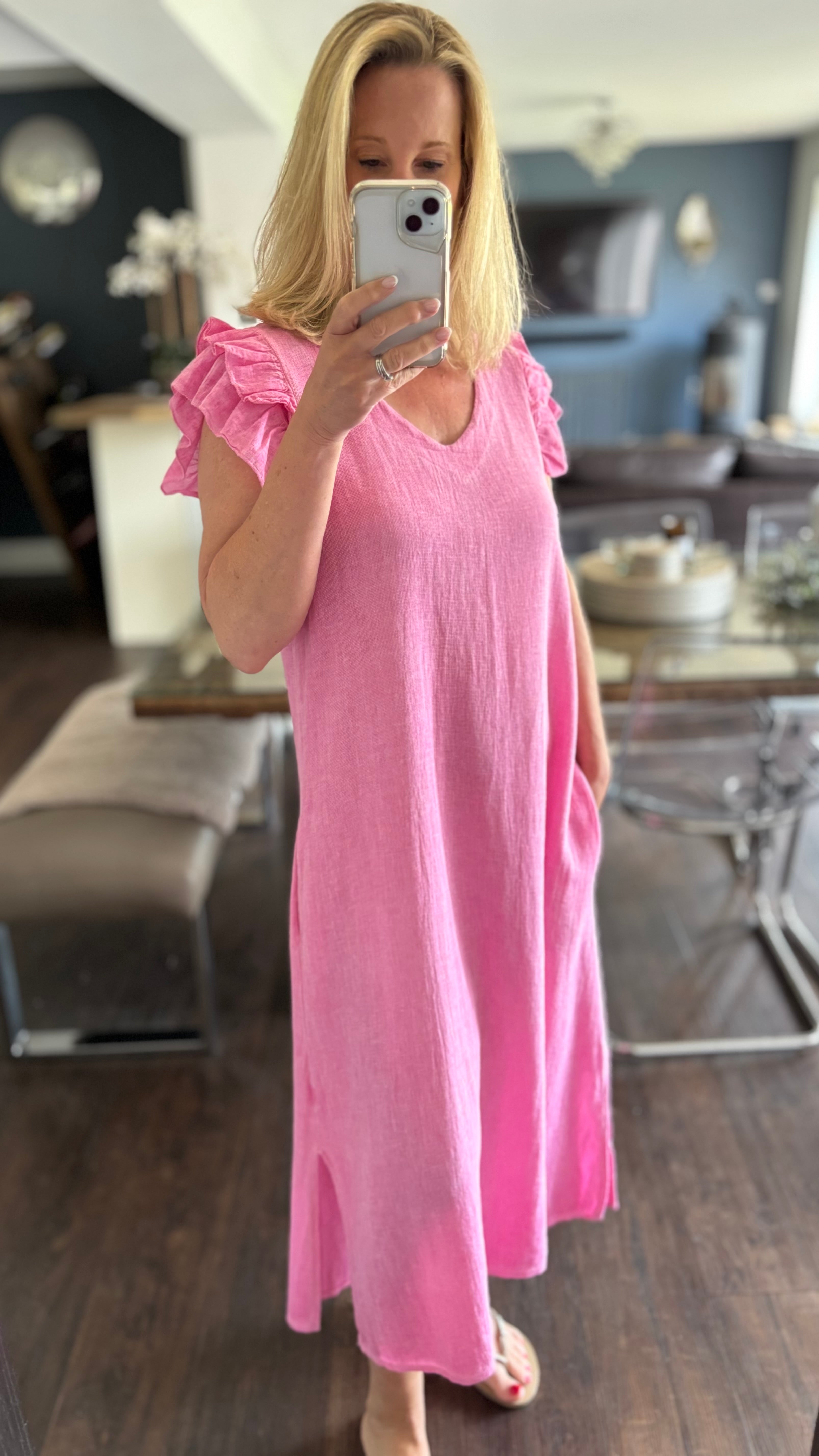 LINEN FRILL DRESS - FUSCHIA