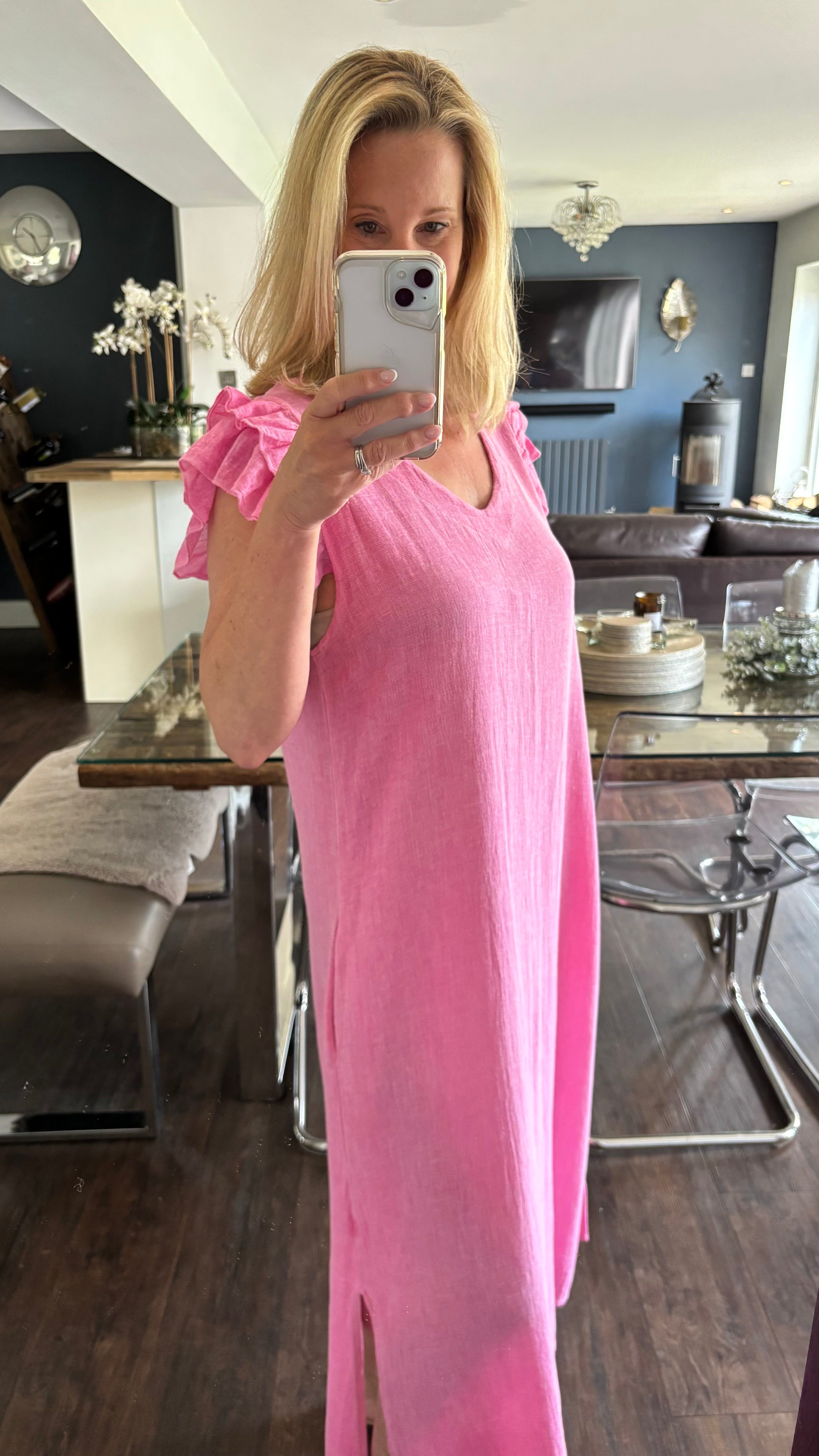 LINEN FRILL DRESS - FUSCHIA