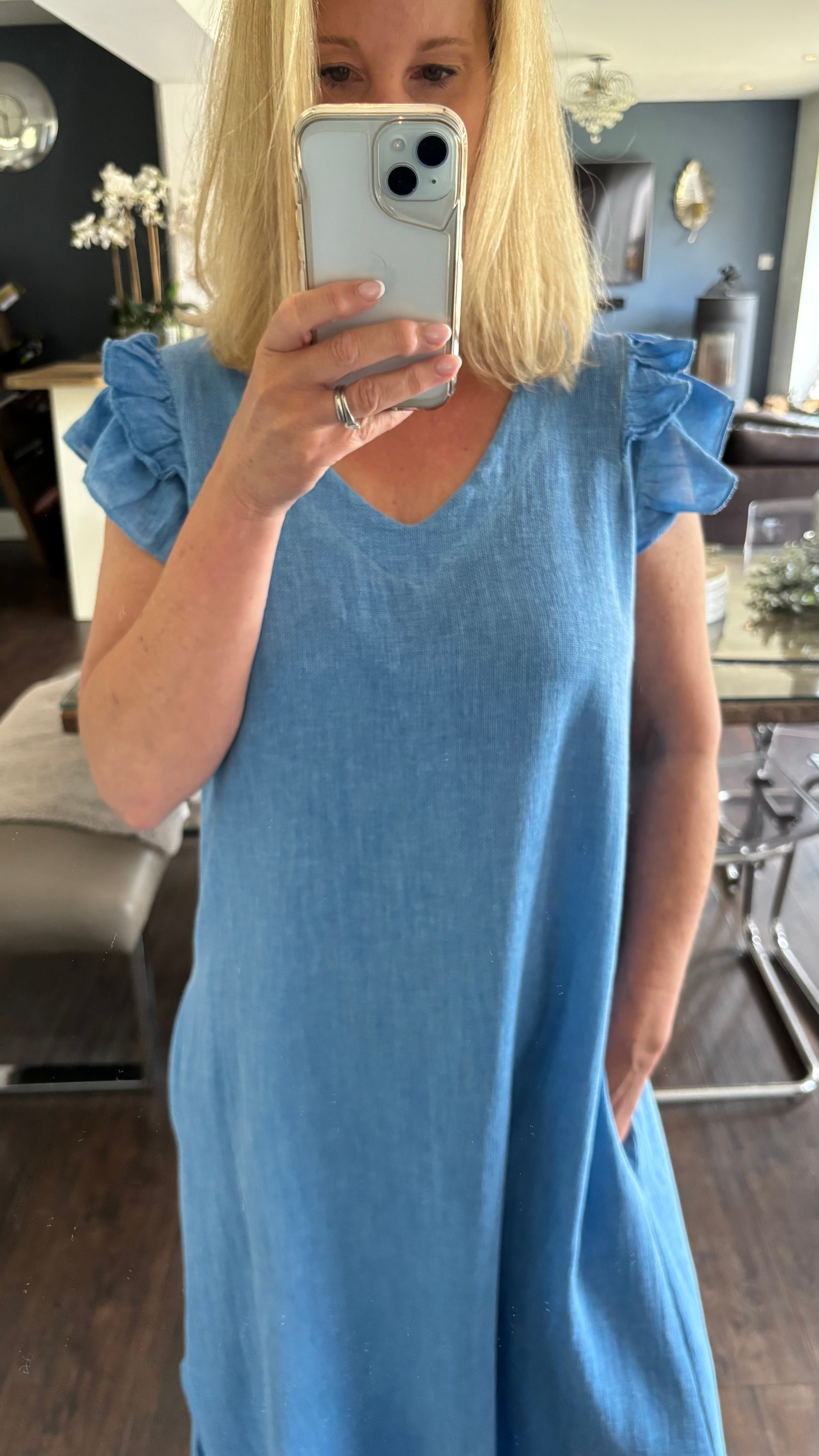 LINEN FRILL DRESS - COBALT BLUE