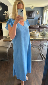 LINEN FRILL DRESS - COBALT BLUE