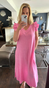 LINEN FRILL DRESS - FUSCHIA