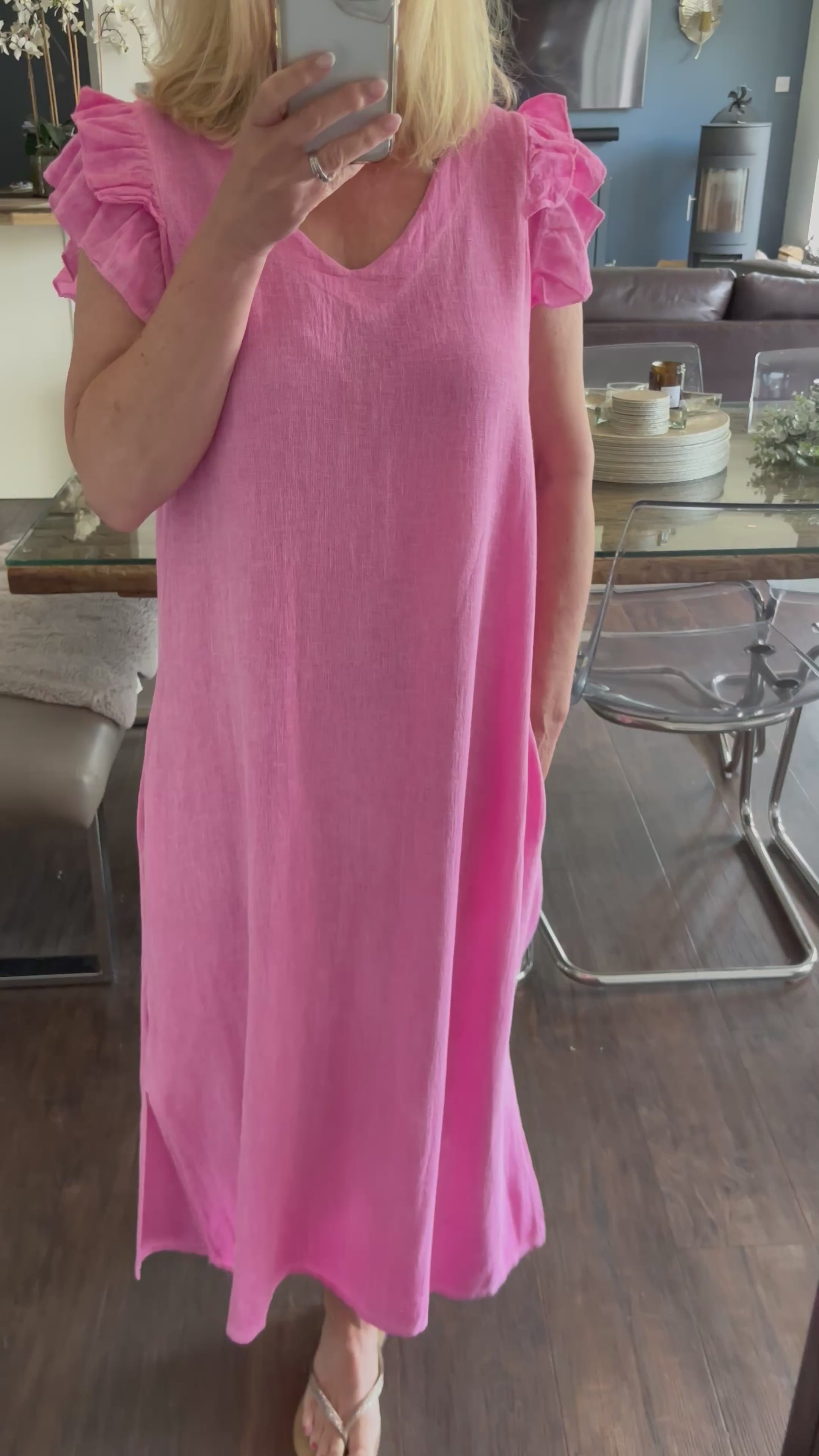 LINEN FRILL DRESS - FUSCHIA
